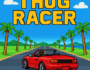 Thug Racer retro arcade racing title screen with bold pixel art featuring a red convertible on a vibrant urban street track.