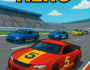 High-speed stock car racing illustration featuring a red #5 car leading the race on an oval track, surrounded by rival cars. ‘Stock Car Hero’ game title displayed prominently in bold letters. Exciting motorsport action with dynamic motion and vibrant colors.