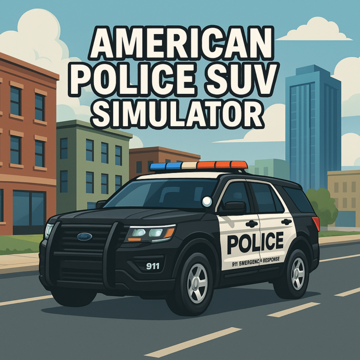 American Police SUV Simulator showing a police SUV in a high-speed chase through a modern US city street.