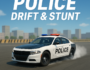 Dynamic promotional image for Police Drift & Stunt featuring a sleek police car executing a daring drift with billowing smoke against a vibrant urban skyline.