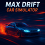A dynamic neon-lit urban scene showcasing a sleek blue sports car performing a high-speed drift with vibrant red-orange smoke, perfectly capturing the energy of Max Drift Car Simulator.