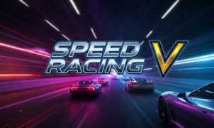 High-speed car racing game Speed Racing V in a futuristic neon tunnel.