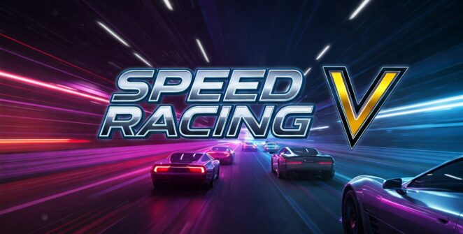 High-speed car racing game Speed Racing V in a futuristic neon tunnel.