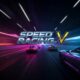 High-speed car racing game Speed Racing V in a futuristic neon tunnel.