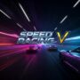 High-speed car racing game Speed Racing V in a futuristic neon tunnel.
