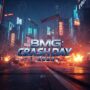 BMG CrashDay 2025 game art. Futuristic cityscape, crashing cars, explosions. High-octane racing game.
