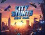 City Stunts New York game cover art featuring high-flying car stunts and parkour action against a vibrant New York City skyline at sunset.