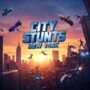 City Stunts New York game cover art featuring high-flying car stunts and parkour action against a vibrant New York City skyline at sunset.