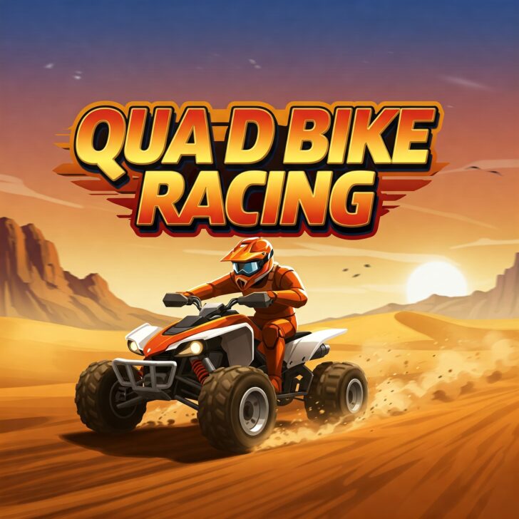 Harika, görselle ilgili SEO uyumlu İngilizce alternatif metin, başlık, alt yazı ve açıklama hazırlayalım: Alternative Text (Alt Text): A vibrant illustration showcasing the "Quad Bike Racing" game title prominently displayed above an orange and white quad bike speeding through a desert landscape. A helmeted rider in orange gear navigates the sandy terrain with rocky formations in the background under a warm, hazy sky.