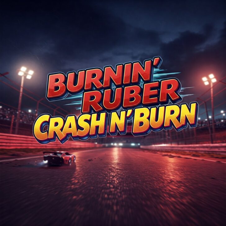 Burnin' Rubber Crash N' Burn game cover art featuring a fast car racing on a wet track at night under stadium lights. High-speed action in the arcade racing game.