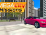 Mega City Missions gameplay showing a futuristic agent vaulting between neon-lit skyscrapers in a sprawling urban environment.