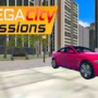 Mega City Missions gameplay showing a futuristic agent vaulting between neon-lit skyscrapers in a sprawling urban environment.