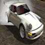 Sleek sports car drifting through a neon-lit city street in a drift racing game, leaving smoke and sparks behind.