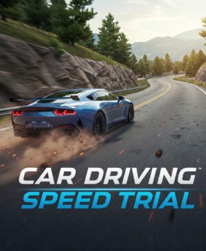 Blue sports car driving fast on a winding mountain road. High-speed car racing game.