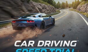 Blue sports car driving fast on a winding mountain road. High-speed car racing game.