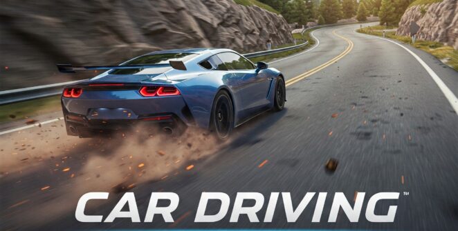 Blue sports car driving fast on a winding mountain road. High-speed car racing game.