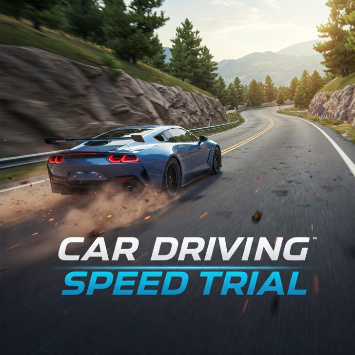 Blue sports car driving fast on a winding mountain road. High-speed car racing game.