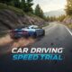 Blue sports car driving fast on a winding mountain road. High-speed car racing game.