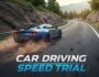 Blue sports car driving fast on a winding mountain road. High-speed car racing game.