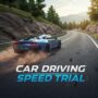 Blue sports car driving fast on a winding mountain road. High-speed car racing game.