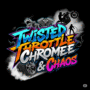 Crazy Motorcycle game art featuring bold, graffiti-style title, dynamic rider stunt, and vibrant neon colors for high-octane racing gameplay.