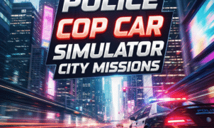 Police Cop Car Simulator City Missions" is prominently displayed, highlighting action-packed police chase, urban driving simulation, and crime fighting missions