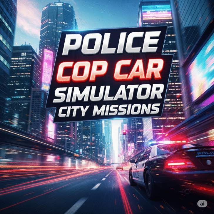 Police Cop Car Simulator City Missions" is prominently displayed, highlighting action-packed police chase, urban driving simulation, and crime fighting missions