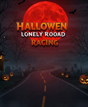 Halloween Lonely Road Racing game image featuring a spooky night scene with a full red moon, a winding road, glowing pumpkins, bats, a ghost, and bare trees.