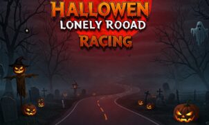 Halloween Lonely Road Racing game image featuring a spooky night scene with a full red moon, a winding road, glowing pumpkins, bats, a ghost, and bare trees.