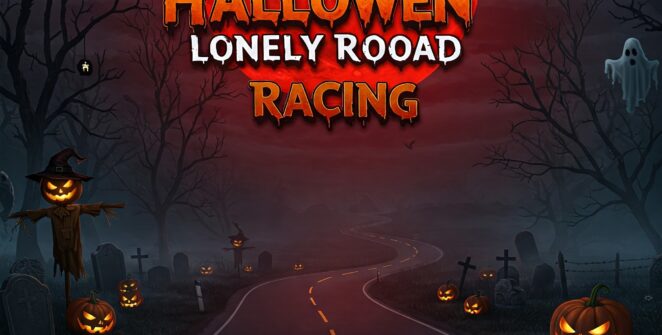 Halloween Lonely Road Racing game image featuring a spooky night scene with a full red moon, a winding road, glowing pumpkins, bats, a ghost, and bare trees.