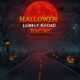 Halloween Lonely Road Racing game image featuring a spooky night scene with a full red moon, a winding road, glowing pumpkins, bats, a ghost, and bare trees.