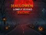 Halloween Lonely Road Racing game image featuring a spooky night scene with a full red moon, a winding road, glowing pumpkins, bats, a ghost, and bare trees.