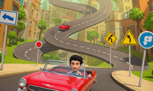 Cartoon illustration of a red convertible car driving on a winding road in a colorful city. Traffic signs indicating wrong way and U-turn. Mobile game Wrong Way.