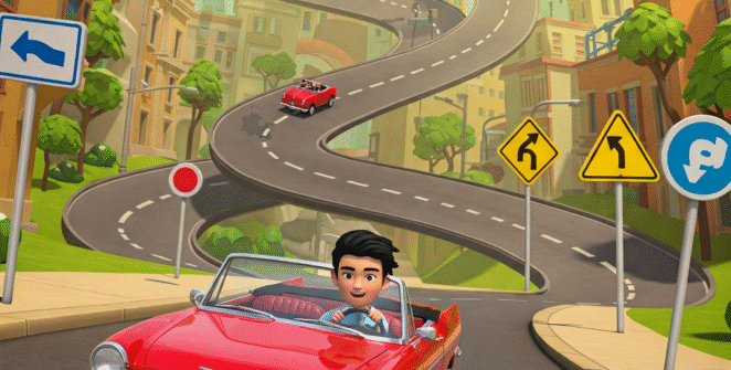 Cartoon illustration of a red convertible car driving on a winding road in a colorful city. Traffic signs indicating wrong way and U-turn. Mobile game Wrong Way.
