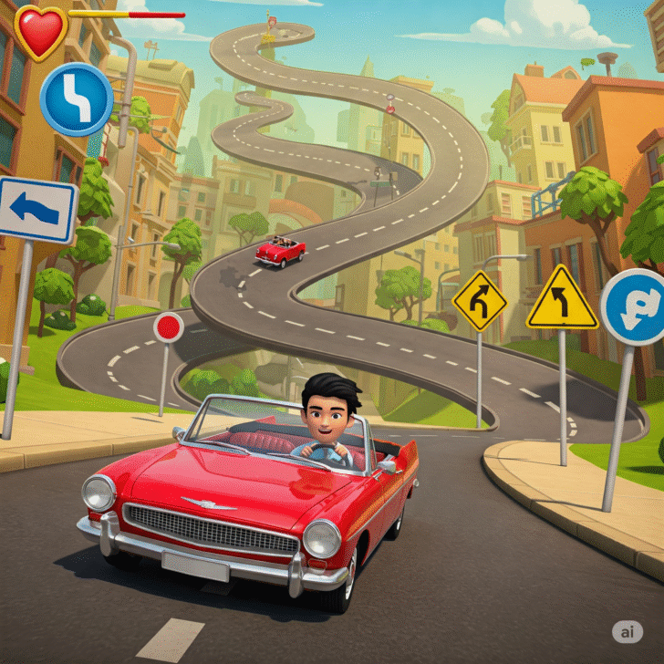 Cartoon illustration of a red convertible car driving on a winding road in a colorful city. Traffic signs indicating wrong way and U-turn. Mobile game Wrong Way.