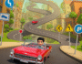 Cartoon illustration of a red convertible car driving on a winding road in a colorful city. Traffic signs indicating wrong way and U-turn. Mobile game Wrong Way.
