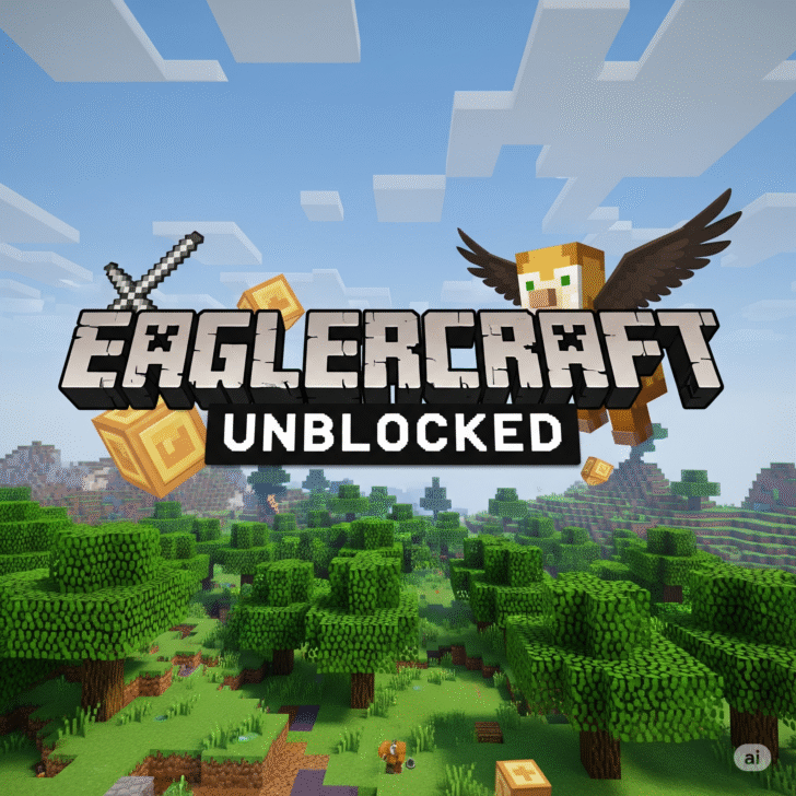 Eaglercraft Unblocked gameplay screenshot featuring pixelated blocks and vibrant landscapes, ideal for online gaming and school Wi-Fi.