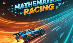 Mathematics Racing game: A blue sports car with orange accents speeds along a vibrant track with mathematical symbols and streaks of light. The game title 