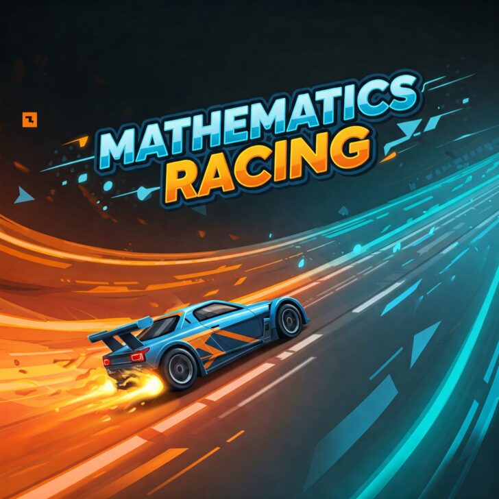 Mathematics Racing game: A blue sports car with orange accents speeds along a vibrant track with mathematical symbols and streaks of light. The game title "MATHEMATICS RACING" is prominently displayed in a dynamic, stylized font.