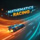 Mathematics Racing game: A blue sports car with orange accents speeds along a vibrant track with mathematical symbols and streaks of light. The game title 