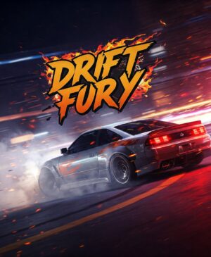 Drift Fury car game: A silver sports car powerfully drifting on a neon-lit track with fiery effects.