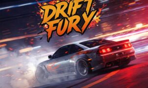 Drift Fury car game: A silver sports car powerfully drifting on a neon-lit track with fiery effects.