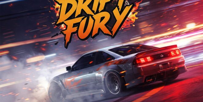 Drift Fury car game: A silver sports car powerfully drifting on a neon-lit track with fiery effects.