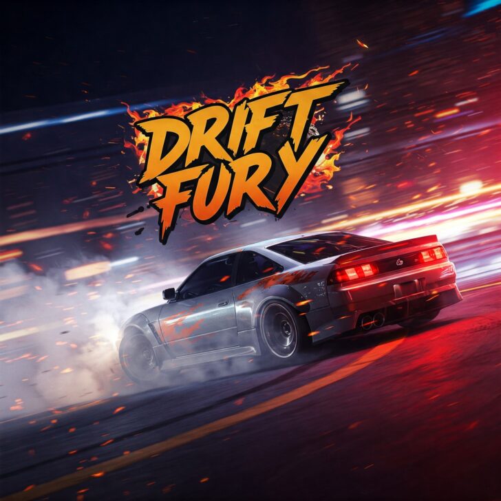Drift Fury car game: A silver sports car powerfully drifting on a neon-lit track with fiery effects.