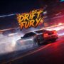 Drift Fury car game: A silver sports car powerfully drifting on a neon-lit track with fiery effects.