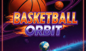 Basketball Orbit game menu on outdoor court with hoop, basketballs, and bold game title