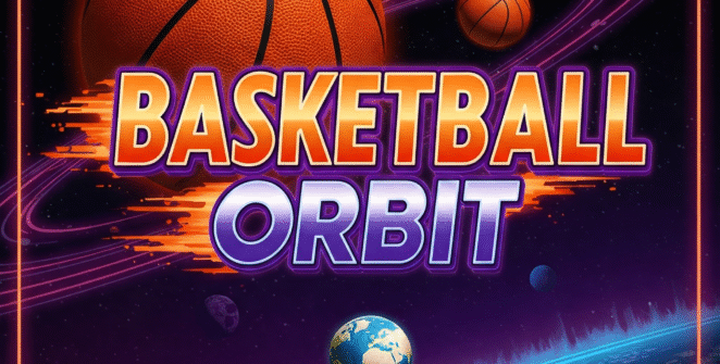 Basketball Orbit game menu on outdoor court with hoop, basketballs, and bold game title