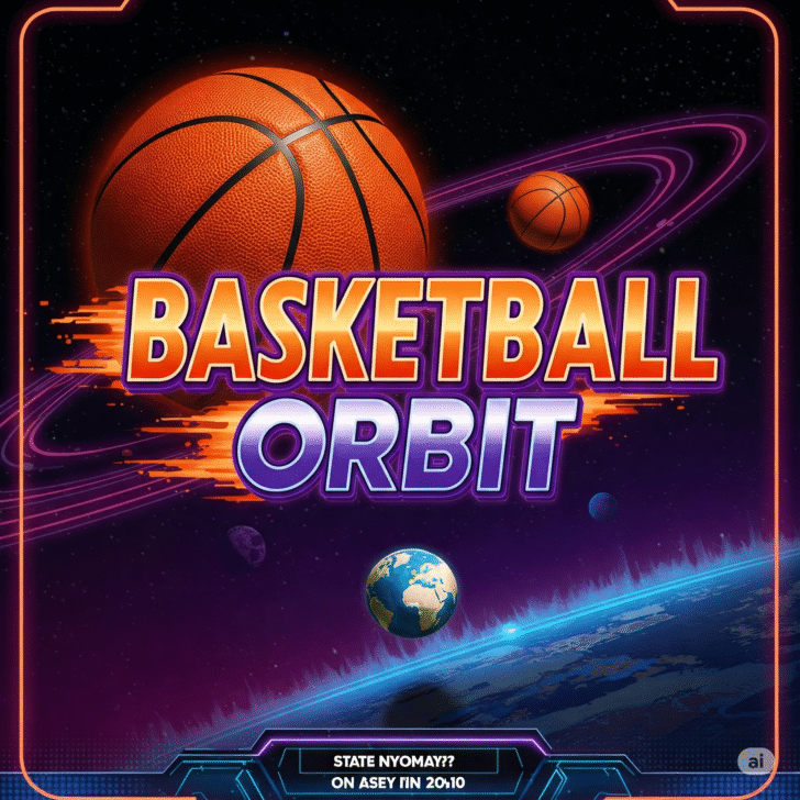 Basketball Orbit game menu on outdoor court with hoop, basketballs, and bold game title