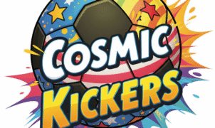 An eye-catching, vibrant illustration of a soccer ball with a unique, colorful pattern, adorned with stars and stripes. The ball is designed in a playful, cartoonish style, set against a dynamic and energetic splash of color. The image is perfect for casual mobile games, sports game promotions, and fun soccer apps. It evokes a cheerful and playful mood, ideal for attracting players seeking accessible soccer entertainment.