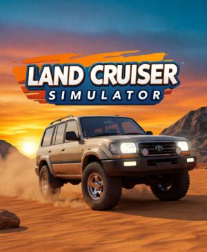 Muddy blue Land Cruiser 4x4 off-roading in a desert landscape at sunset. Land Cruiser Simulator game.